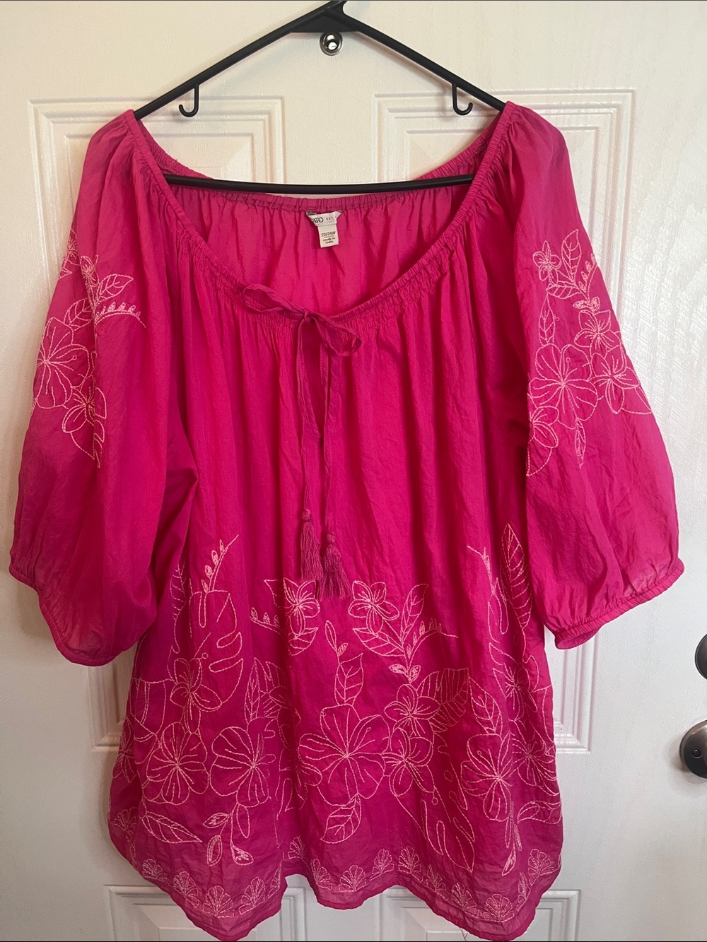 Cato Hot Pink Peasant Blouse with White Floral Embroidery